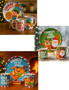 12 Piece Santa, Reindeer & Elf Christmas Cookies Plates & Mugs Set (6 each)